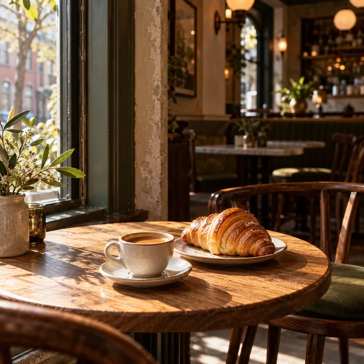 Coffee and a croissant on a wooden café table by the window