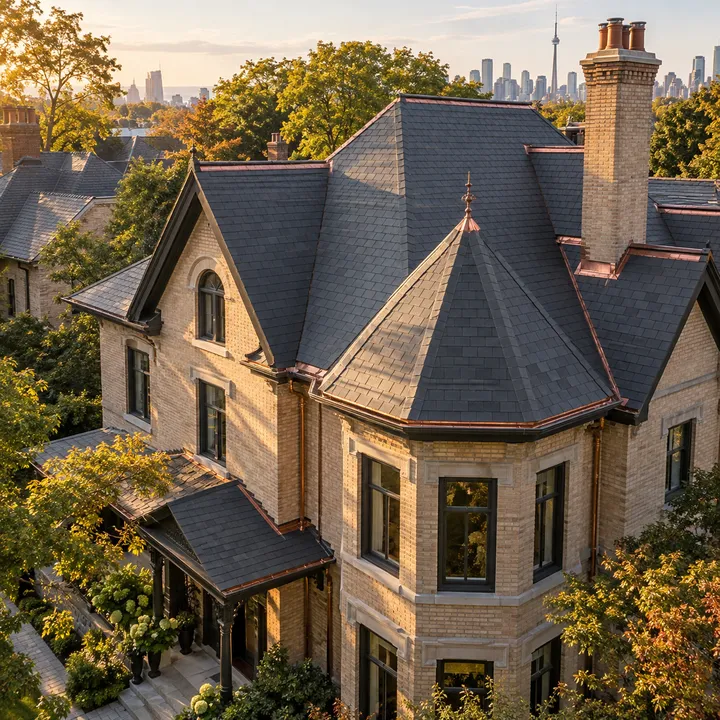 A brick Toronto home with a slate roof at golden hour