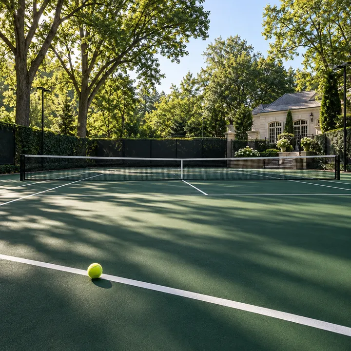 A green hard court with a tennis ball by the baseline, trees behind